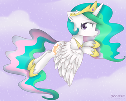 Size: 2300x1842 | Tagged: safe, artist:meotashie, princess celestia, alicorn, pony, g4, cloudsdale, female, flying, mare, profile, sky, solo