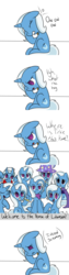Size: 700x2800 | Tagged: safe, artist:shiverbear, trixie, g4, comic, dialogue, eyes closed, frown, internal screaming, multeity, open mouth, pain, raised hoof, self ponidox, sitting, smiling, trixie army, trixie's cape, trixie's hat, tumblr