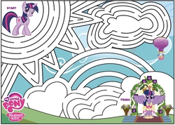 Size: 815x579 | Tagged: safe, applejack, rarity, twilight sparkle, alicorn, pony, g4, official, balloon, female, mare, maze, puzzle, twilight sparkle (alicorn)