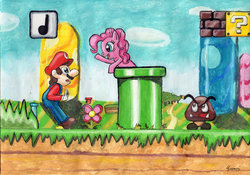 Size: 900x630 | Tagged: safe, artist:goomuin, pinkie pie, goomba, g4, duo, duo male and female, female, grass, male, mare, mario, pipe, platformer, super mario bros., surprised