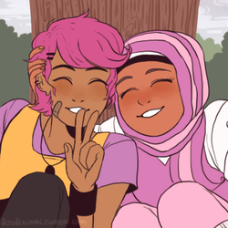 Size: 500x500 | Tagged: safe, artist:nyan-cow, scootaloo, sweetie belle, human, g4, dark skin, hijab, humanized, islam, smiling