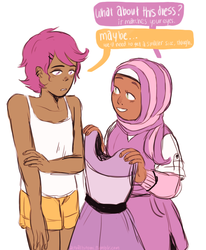 Size: 649x786 | Tagged: safe, artist:nyan-cow, scootaloo, sweetie belle, human, g4, clothes, dark skin, dialogue, dressing, hijab, humanized, islam, transgender