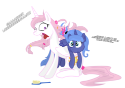 Size: 3508x2480 | Tagged: safe, artist:lunarcakez, princess celestia, princess luna, alicorn, pony, g4, brush, cewestia, cute, duo, fail, filly, hair styling, luna riding celestia, open mouth, ponies riding ponies, riding, simple background, sitting, tongue out, wide eyes, wink, woona, yelling