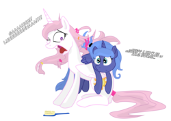 Size: 3508x2480 | Tagged: safe, artist:lunarcakez, princess celestia, princess luna, alicorn, pony, g4, brush, cewestia, cute, duo, duo female, fail, female, filly, hair styling, luna riding celestia, open mouth, pink-mane celestia, ponies riding ponies, riding, royal sisters, siblings, simple background, sisters, sitting, tongue out, transparent background, wide eyes, wink, woona, yelling