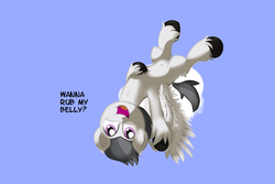 Size: 1159x773 | Tagged: safe, artist:cosmonaut, rumble, lets ask rumble, g4, ask, belly button, bellyrubs, cloud, fluffy, male, on back, solo, tumblr, unshorn fetlocks, upside down