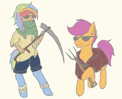 Size: 1600x1300 | Tagged: safe, artist:erko, scootaloo, oc, oc:icarus, satyr, g4, offspring, parent:rainbow dash, pitchfork, scythe, sunglasses