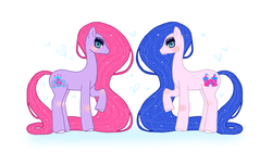 Size: 4568x2564 | Tagged: safe, artist:audra-hime, princess royal pink, princess royal purple, earth pony, pony, g1, blushing, duo, duo female, female, floating heart, heart, looking at you, mare, raised hoof, tail