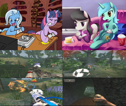 Size: 505x427 | Tagged: safe, lyra heartstrings, octavia melody, trixie, twilight sparkle, earth pony, pony, unicorn, g4, art theft, evolution, multiplayer, video game