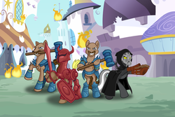 Size: 1094x731 | Tagged: safe, artist:dragnmastralex, oc, canterlot, col. bitter, fire, golden axe, ponified, sgt. hops, sgt. malt