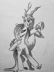 Size: 1536x2048 | Tagged: safe, artist:noelle914, discord, fluttershy, g4, monochrome, traditional art