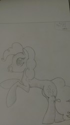 Size: 918x1632 | Tagged: safe, artist:bluesapphire97, pinkie pie, g4, female, monochrome, moustache, sketch, solo, traditional art