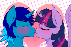 Size: 1280x853 | Tagged: safe, artist:naomiknight17, twilight sparkle, oc, oc:light shine, alicorn, pony, unicorn, g4, blushing, canon x oc, commission, eyes closed, female, heart, hearts and hooves day, imminent kissing, kissing, magic, male, mare, nervous, shipping, shivering, smiling, spread wings, stallion, straight, twilight sparkle (alicorn)