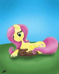 Size: 918x1152 | Tagged: safe, artist:bluesapphire97, fluttershy, deer, fawn, pegasus, pony, g4, duo, female, folded wings, grass, lying down, mare, outdoors, prone, smiling, wings