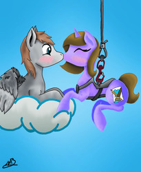 Size: 828x1008 | Tagged: safe, artist:bluesapphire97, oc, oc only, pegasus, pony, unicorn, blushing, chains, cloud, female, hanging, kissing, male, mare, shipping, simple background, stallion, straight