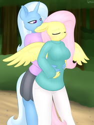 Size: 1500x2000 | Tagged: safe, artist:lamia, fluttershy, trixie, anthro, g4, clothes, ear bite, female, hug, lesbian, pants, shipping, skirt, sweater, sweatershy, trixieshy