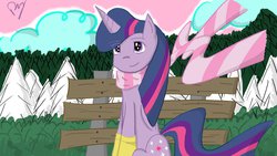 Size: 1191x670 | Tagged: safe, artist:picklejuice2013, twilight sparkle, alicorn, pony, g4, bench, clothes, female, mare, scarf, solo, twilight sparkle (alicorn)