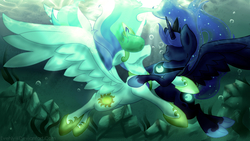 Size: 1600x900 | Tagged: safe, artist:evehly, princess celestia, princess luna, alicorn, pony, g4, blue mane, blue tail, bubble, crepuscular rays, crown, digital art, ethereal mane, ethereal tail, feather, female, flowing mane, flowing tail, gem, glowing, hoof shoes, horn, hug, jewelry, looking at each other, looking at someone, mare, no eyes, ocean, peytral, regalia, rock, royal sisters, seaweed, siblings, signature, sisters, sparkles, spread wings, starry mane, starry tail, sunlight, swimming, tail, underwater, unshorn fetlocks, water, wings