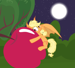 Size: 6000x5500 | Tagged: safe, artist:magister39, applejack, bat pony, pony, g4, absurd resolution, apple, applebat, bat ponified, cuddling, female, giant apple, hug, moon, night, race swap, silly, silly pony, solo, that pony sure does love apples, vector, who's a silly pony