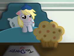 Size: 2048x1536 | Tagged: safe, artist:littleovertures, derpy hooves, pegasus, pony, g4, backwards thermometer, bed, blanket, card, female, mare, muffin, note, paper, pillow, red nosed, sick, solo, thermometer