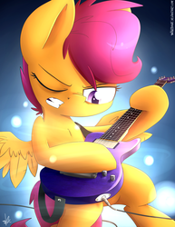 Size: 1519x1972 | Tagged: safe, artist:shinodage, scootaloo, g4, electric guitar, female, guitar, hard rock, les paul, musical instrument, playing instrument, rock (music), solo