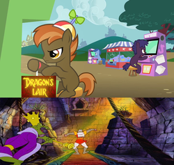 Size: 1152x1094 | Tagged: safe, button mash, g4, arcade, button's odd game, dirk the daring, don bluth, don bluth's dragon's lair, game, gamer, lizard king, meme, playing