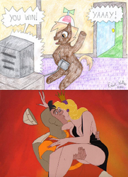 Size: 285x394 | Tagged: safe, button mash, earth pony, human, pony, g4, arcade, breasts, button's odd game, cheering, colt, controller, dirk the daring, don bluth, don bluth's dragon's lair, female, foal, game, gamer, happy, kissing, knight rescues the princess, male, meme, open mouth, playing, playing video games, princess daphne, reference, straight, victory, video at source, video game, video game crossover, video game reference, win