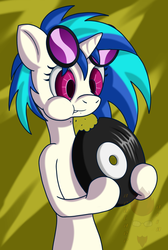Size: 807x1201 | Tagged: safe, artist:brother orin, dj pon-3, vinyl scratch, pony, unicorn, g4, eating, female, music, pica, record, solo