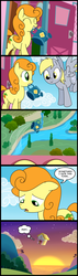 Size: 571x2000 | Tagged: safe, artist:madmax, carrot top, derpy hooves, golden harvest, pegasus, pony, g4, three's a crowd, comic, female, floating house, mare, river, sunset, watering can
