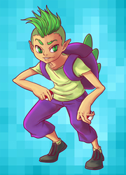 Size: 800x1111 | Tagged: safe, artist:arurein, spike, human, g4, backpack, elf ears, humanized, light skin, male, poké ball, pokémon, solo