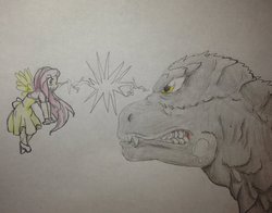 Size: 1011x791 | Tagged: safe, artist:fallenangel5414, fluttershy, human, kaiju, g4, clothes, dress, glare, godzilla, godzilla (series), godzilla 2014, growling, humanized, light skin, the stare