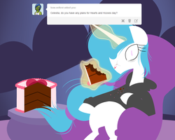 Size: 1000x800 | Tagged: safe, artist:frostedwarlock, princess celestia, g4, ask, astronaut mike dexter, cake, celestia replies, female, hearts and hooves day, solo, tumblr