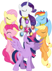 Size: 3000x4055 | Tagged: safe, artist:theshadowstone, applejack, fluttershy, pinkie pie, rainbow dash, rarity, twilight sparkle, alicorn, earth pony, pegasus, pony, unicorn, g4, element of generosity, element of honesty, element of kindness, element of laughter, element of loyalty, element of magic, elements of harmony, female, magic, mare, simple background, transparent background, twilight sparkle (alicorn)