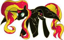 Size: 5000x3167 | Tagged: dead source, safe, artist:theshadowstone, sunset shimmer, alicorn, pony, g4, alicornified, female, flying, nightmare sunset, nightmare sunset shimmer, race swap, shimmercorn, simple background, solo, transparent background, vector