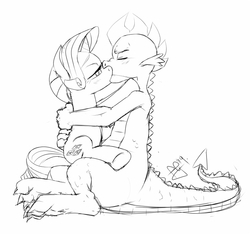 Size: 700x656 | Tagged: safe, artist:pia-sama, rarity, spike, dragon, pony, unicorn, g4, dragon on pony action, duo, female, interspecies, kiss on the lips, kissing, lineart, making out, male, monochrome, older, older spike, ship:sparity, shipping, straight