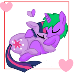 Size: 642x656 | Tagged: safe, artist:calicopikachu, artist:eeveepikachuchan, spike, twilight sparkle, pony, unicorn, g4, cuddling, eyes closed, female, heart, hug, male, on back, ponified, ship:twispike, shipping, snuggling, straight, trace