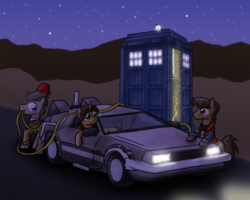 Size: 900x719 | Tagged: safe, artist:paper-pony, doctor whooves, time turner, oc, g4, back to the future, crossover, delorean, doctor who, fez, hat, marty mcfly, ponified, tardis, tenth doctor