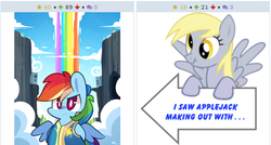 Size: 511x273 | Tagged: safe, artist:php56, applejack, derpy hooves, rainbow dash, pegasus, pony, derpibooru, g4, chibi, exploitable meme, female, implied shipping, juxtaposition, juxtaposition win, lesbian, mare, meme, meta, scrunchy face, ship:appledash, shipping