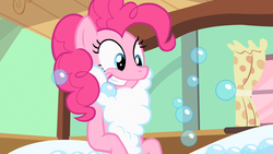 Size: 1280x720 | Tagged: safe, screencap, pinkie pie, baby cakes, g4, beard, bubble, bubble beard, female, smiling, solo