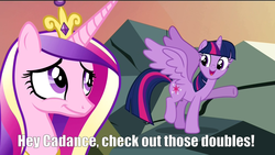 Size: 1920x1080 | Tagged: safe, princess cadance, twilight sparkle, alicorn, pony, g4, three's a crowd, caption, check em, doubles, dubs, duo, female, impact font, mare, spread wings, twilight sparkle (alicorn), wings