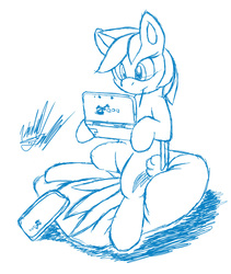 Size: 761x900 | Tagged: safe, artist:fuzon-s, rainbow dash, g4, 3ds, crossover, cushion, female, gamer dash, gamerdash, monochrome, mouth hold, sitting, sketch, solo, sonic the hedgehog (series)