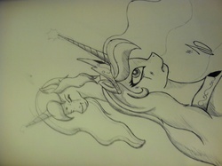 Size: 2592x1936 | Tagged: safe, artist:mythicaljazz, princess celestia, princess luna, g4, monochrome, traditional art