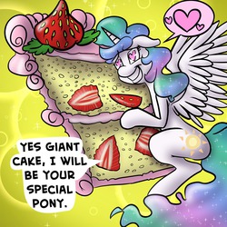 Size: 1280x1280 | Tagged: safe, artist:fauxsquared, princess celestia, alicorn, pony, tumblr:it's always sunny in canterlot, g4, adventure in the comments, cake, cakelestia, female, food, heart, heart eyes, solo, strawberry, wingding eyes