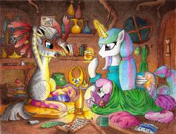 Size: 2178x1668 | Tagged: safe, artist:philo5, big macintosh, cheerilee, princess celestia, zecora, alicorn, earth pony, pony, zebra, g4, alternate hairstyle, book, calvin and hobbes, clothes, cute, cutelestia, flask, full metal jacket, gourd, implied cheerimac, magic, male, marshmallow, mug, pajamas, plushie, quill, skull, socks, stallion, traditional art, zecora's hut