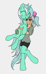 Size: 927x1500 | Tagged: safe, artist:hazama, artist:stoic5, lyra heartstrings, oc, oc:hope, pony, satyr, unicorn, g4, clothes, colored, hairclip, happy, hug, offspring, parent:lyra heartstrings, shirt, simple background, smiling, twintails, white background