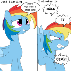 Size: 4000x4000 | Tagged: safe, artist:sailormod, rainbow dash, pegasus, pony, g4, absurd resolution, comic, dialogue, female, mare, music, pain, sailor loyalty, sailor moon (series), simple background, solo, white background