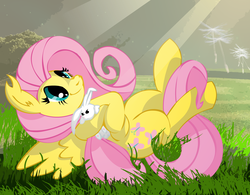 Size: 2500x1950 | Tagged: safe, artist:big-mac-a-brony, angel bunny, fluttershy, g4, ear fluff, grass, hug, lying down, on back