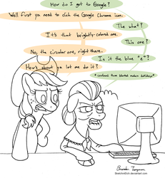 Size: 1600x1731 | Tagged: safe, artist:sketchinetch, applejack, granny smith, earth pony, pony, g4, computer, dialogue, duo, elderly, monochrome, simple background, white background