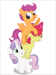 Size: 1920x2560 | Tagged: safe, artist:041744, apple bloom, scootaloo, sweetie belle, earth pony, pegasus, pony, unicorn, g4, cutie mark crusaders, simple background, tower, tower of pony, transparent background, trio