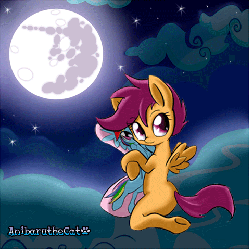 Size: 480x480 | Tagged: safe, artist:anibaruthecat, rainbow dash, scootaloo, pegasus, pony, g4, animal costume, animated, blushing, body pillow, clothes, costume, cute, cutealoo, female, gif, hug, incorrect leg anatomy, mare in the moon, moon, night, scootawolf, spread wings, stars, tongue out, underhoof, wolf costume