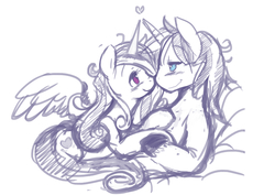 Size: 850x601 | Tagged: safe, artist:ende26, princess cadance, shining armor, g4, bed mane, eye contact, female, heart, male, morning ponies, ship:shiningcadance, shipping, sketch, straight